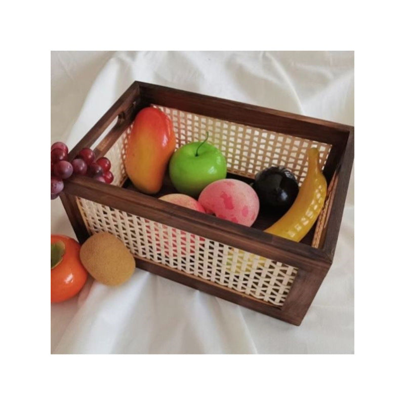 Rattan Woven & Wooden Storage Basket Organizer Box - Rustic Retro Desktop Basket Suitable for Snacks, Cosmetics, Office Supplies, Multipurpose Organizer for Home, Desk,, Bathroom - Space-Saving Clutter-Free Shelf Organizer, Shelf Baskets