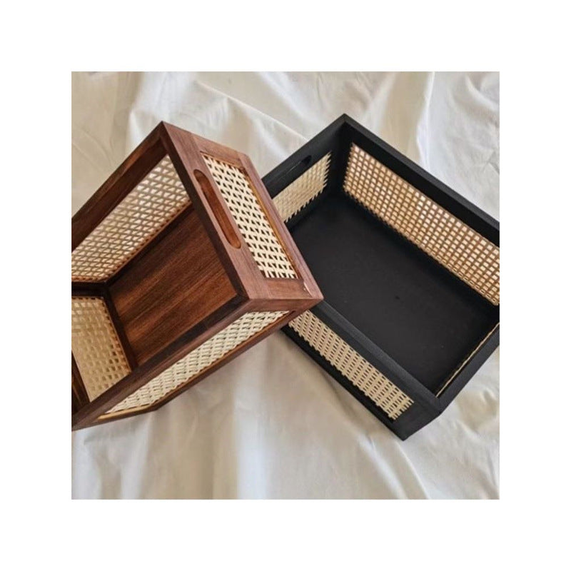 Rattan Woven & Wooden Storage Basket Organizer Box - Rustic Retro Desktop Basket Suitable for Snacks, Cosmetics, Office Supplies, Multipurpose Organizer for Home, Desk,, Bathroom - Space-Saving Clutter-Free Shelf Organizer, Shelf Baskets