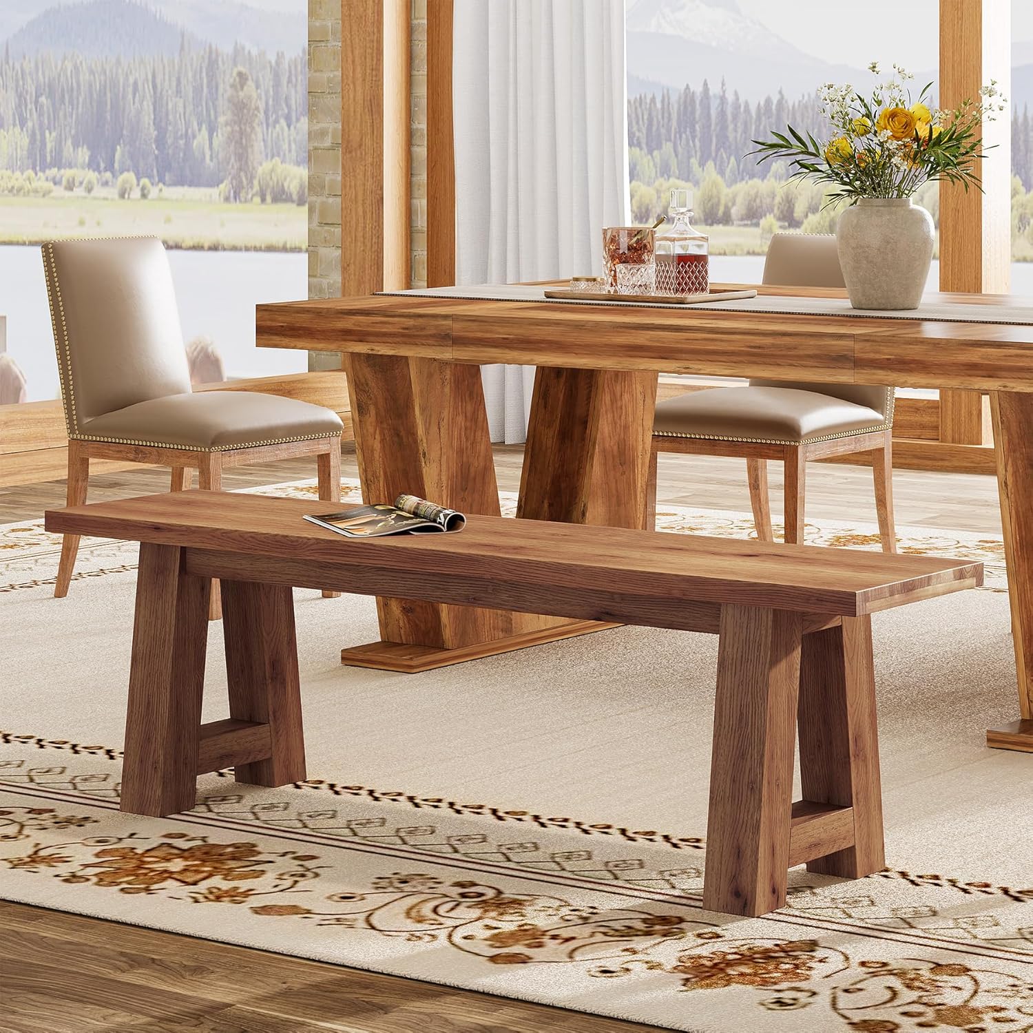 Solid Wood Dining Bench with A-Shaped Legs, 55.12' Farmhouse Indoor Bench for Dining Room, Kitchen, Entryway, Hallway And Living Room