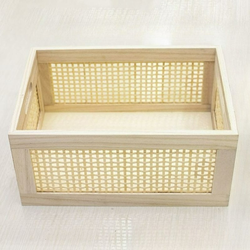 Rattan Woven & Wooden Storage Basket Organizer Box - Rustic Retro Desktop Basket Suitable for Snacks, Cosmetics, Office Supplies, Multipurpose Organizer for Home, Desk,, Bathroom - Space-Saving Clutter-Free Shelf Organizer, Shelf Baskets