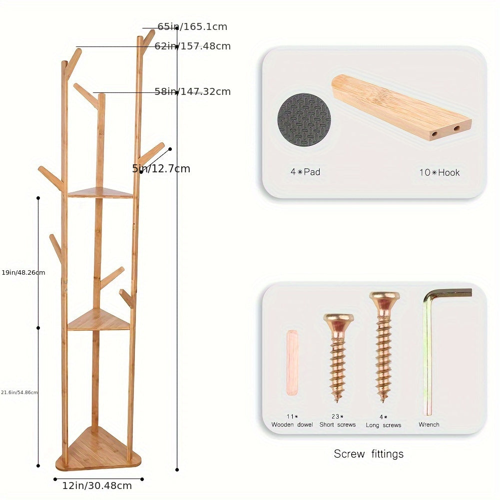 Bamboo Coat Stand Rack: Corner Clothes Hanger Sturdy with Shelf Wooden Coat Tree with 10 Hanging Hooks for Clothes, Coat Hat, Umbrella, Hallway Bedroom Entryway 64.17 x 13.78 x 13.78inch