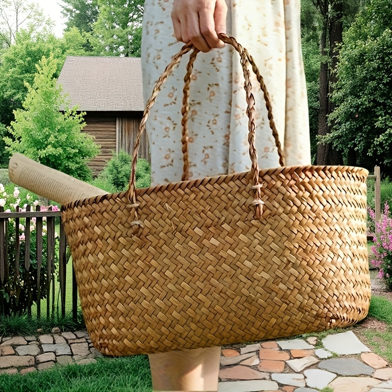 Vintage Handwoven Large Rattan Basket, Creative Outdoor Picnic Basket, Portable Home Storage Shopping Basket