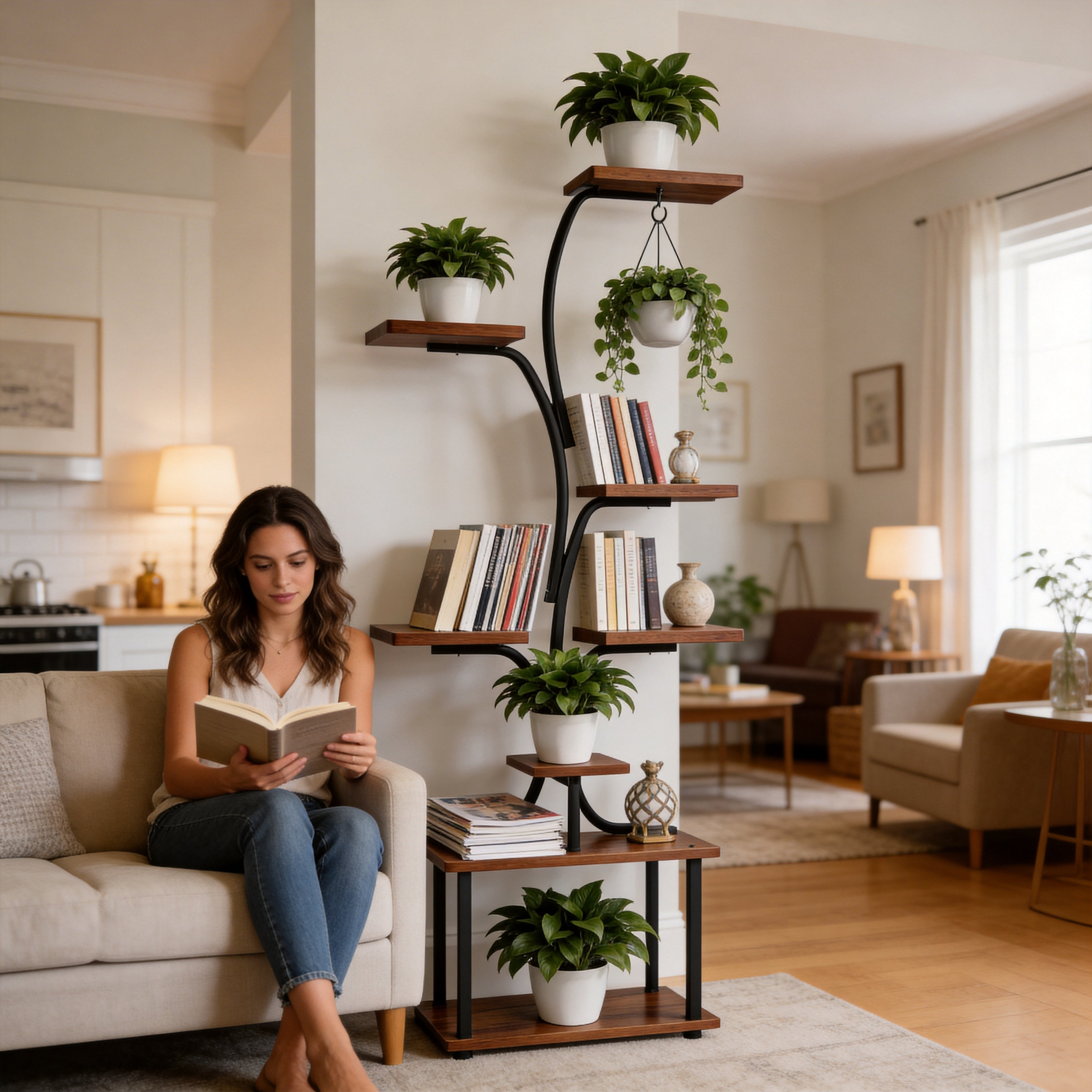 Tree-Style Multi-Tier Floor-Standing Plant Stand - Wrought Iron Structure - Indoor Living Room Greenery Display Rack - Pet-Safe Design - Space-Saving Wall-Hugging Placement