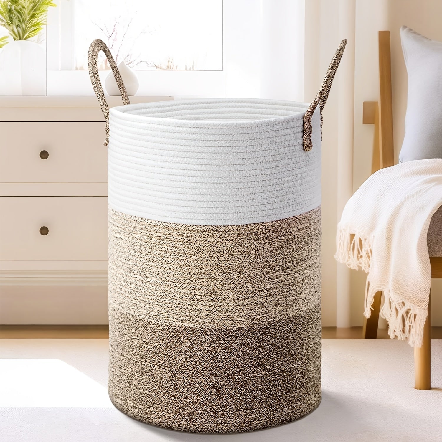 Laundry Basket, Woven Rope Laundry Hamper, 60L\u002F 80L for Decor Storage of Dirty Clothes, Toys and Blankets in Bathroom, Room and Living Room