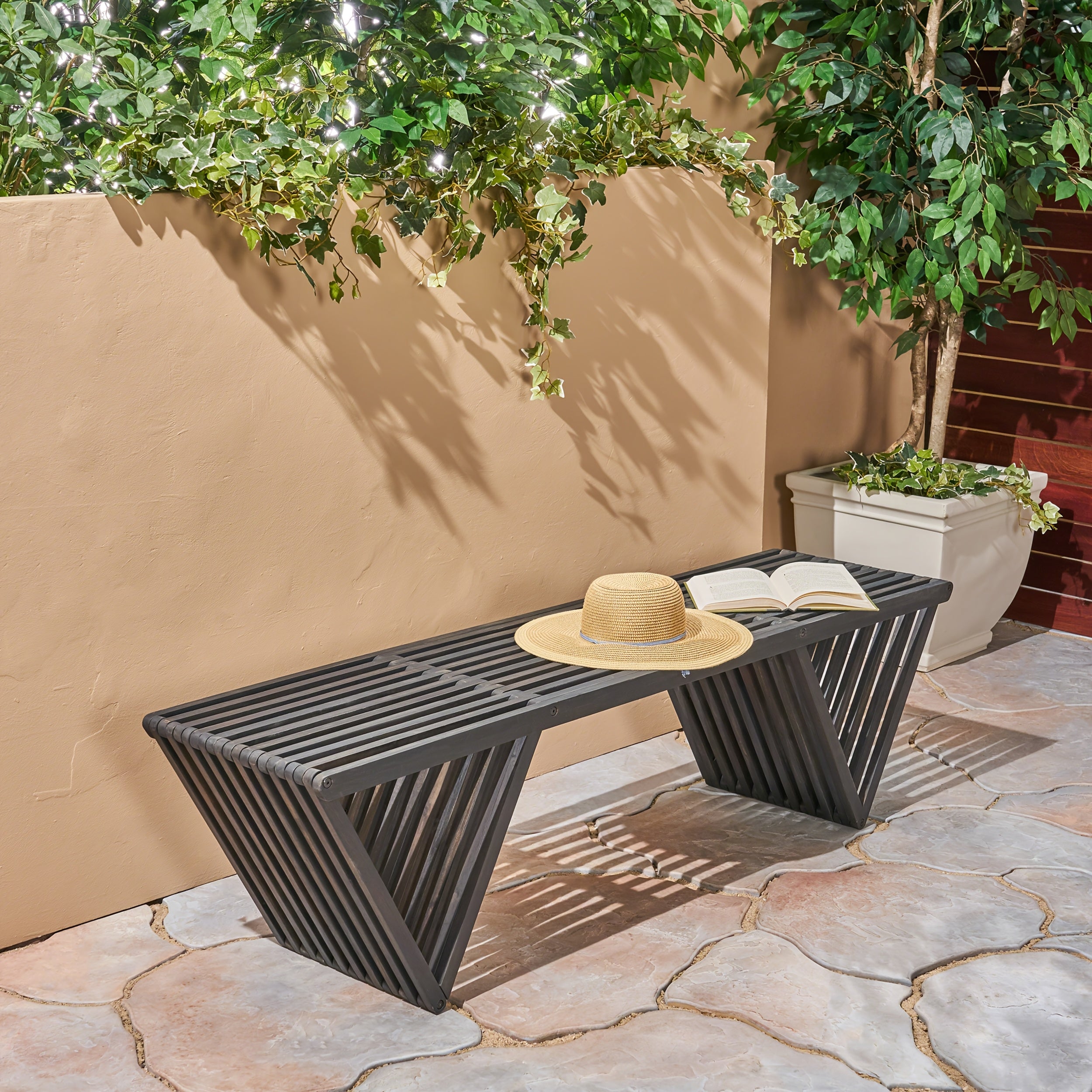 Acacia Wood Plank Design Terrace Bench | Solid and Comfortable, Fashionable Geometric Creativity, Elegant and Durable Multi-functional Outdoor Decorative Bench, Dining Chair, Leisure Balcony Garden Chair, Brown Hardwood